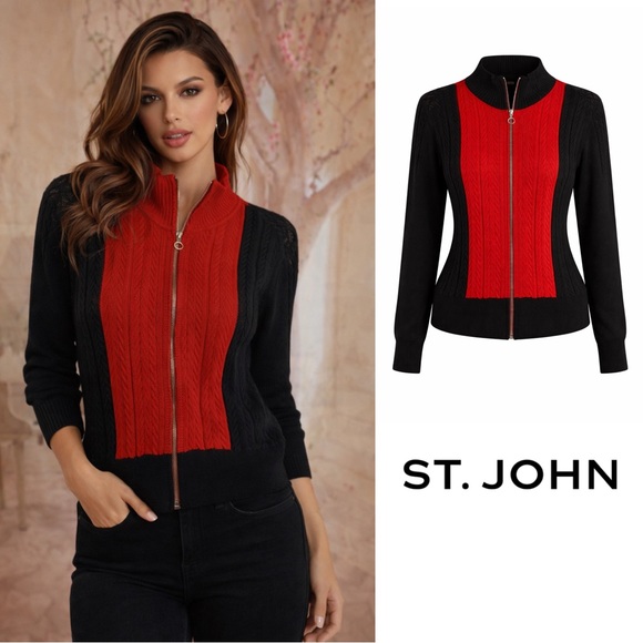 St. John Sweaters - St. John Sport Black and Red Cable Knit Color Block Cardigan